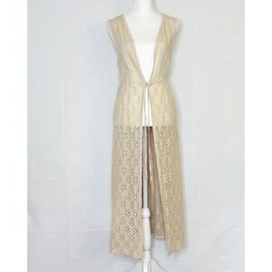 Valentina Naldi Vest Linen Crochet Lace Long Duster Boho OS Tan Italy